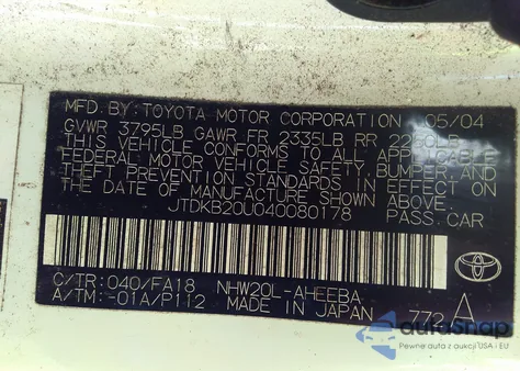 2004 Toyota Prius z USA, uszkodzony, nr VIN JTDKB20U040080178